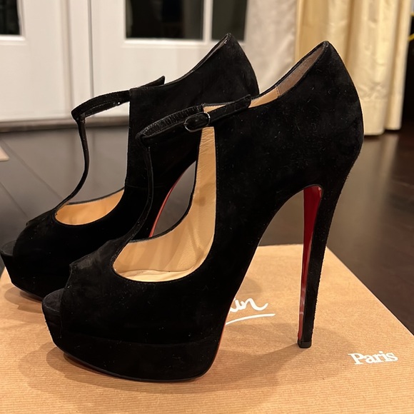 Black suede Louboutin platform heals Sz 38.5 - Picture 6 of 9